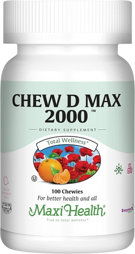 [BRSWIGQ6DINWE3DC] Maxi Health Chewable Вітамін D3 2000 IU Supplement - Смачний натуральний міхур Gum Flavor - Підтримує калорійне поглинання, імунітет і кісткове здоров'я у дорослих жінок, чоловіків, дітей і малюків - 100 Chews