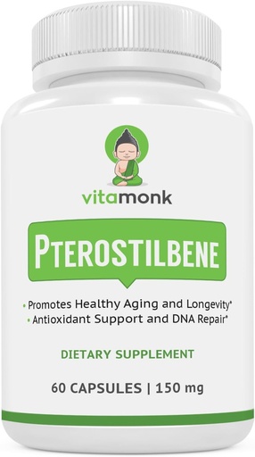 [BRSWKGIRCUEGEHT6] VitaMonk Pterostilbene 150mg Capsules No Artificial Fillers - Soy Free Trans-Pterostilbene Supplement which Promotes Healthy Aging and Longevity - 60 Veggie-Caps - Mejorado Resveratrol