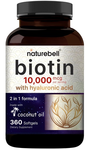 [BRSRMYL5AAGRYF36] NatureBell Biotin 10000mcg + Hyaluronic Acid 25mg | 360 Coconut Oil Softgels, Premium Biotin Supplement for Hair Skin and Nails*