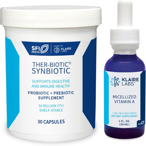 [BRSRMY3QOIMB4ADL] Klaire Labs Ther-Biotic Synbiotic Probiyotik (30 Kapsül) & Micellized Vitamin A Liquid (1 oz / 600 Xidmət) 5000 IU Paket - Digestive Health & Immune Support - Hipoallergenik 2 Product Set