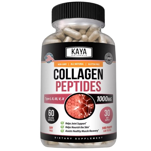 [BRSWYYADOQHGADL6] Kaya Naturals Multi Collagen Peptides Complex Powder for Women and Men, Types I, II, III, V & X | 60 Count Capsules