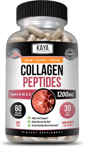 [BRSWYYADOQHGADL6] Kaya Naturals Péptidos Multi Collagen Powder Complejo para Mujeres y Hombres, Tipos I, II, III, V & X TENIDO 60 Conteo Capsules