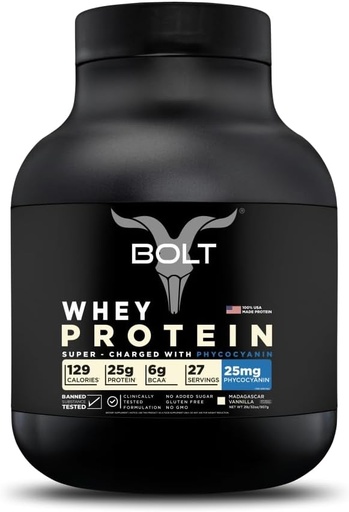 [BRSROGINDEPWYGTL] Bolt Whey Protein Powder | with Superfood Phycocyanin | Muscle Building & Recovery with Bone Health | 25g Protein, 6g BCAA Per Serving | 2LB/32oz, 27 Servings | Madagascar Vanilla