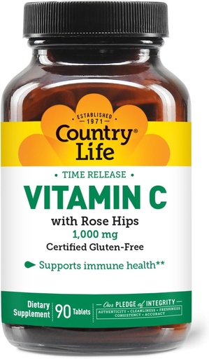 [BRSWIYQZPIMQAF3U] המדינה חיים ויטמין C 1000 מ"ג עם Rose HIPS - Time Release Immune Support Supplement - Antioxidant Protection - טבעוני, Gluten-Free, Preservative-Free - 90 טבליות