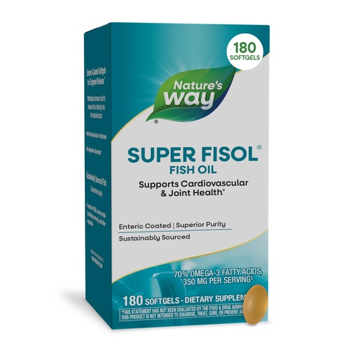 [BRSWIYABDICROC3A] Nature's Way Super Fisol Fish Oil Softgels, Omega-3 Supplement with EPA and DHA, Supports Joint & Cardiovascular Heart Health*, Enteric-Coated Softgels, 350 mg per Serving, 180 Count