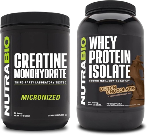 [BRSRAZ34PIHGA2A2] NutraBio Creatine Monohydrate, Unflavored, 500g and Whey Protein Isolate, Dutch Chocolate, Supplement Bundle - Muscle Energy, Lean Muscle Growth, Recovery, and Strength
