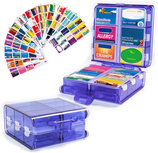 [BRSRAHYNDIFW2CDO] Velký Pořadatel pilulek s etiketami na medicínu, Pill Dispenser 12-Kompartment Travel Medication Storage Case, 7- Day Pill Box for Vitamíny a doplňky (Blue, 161 Labels)