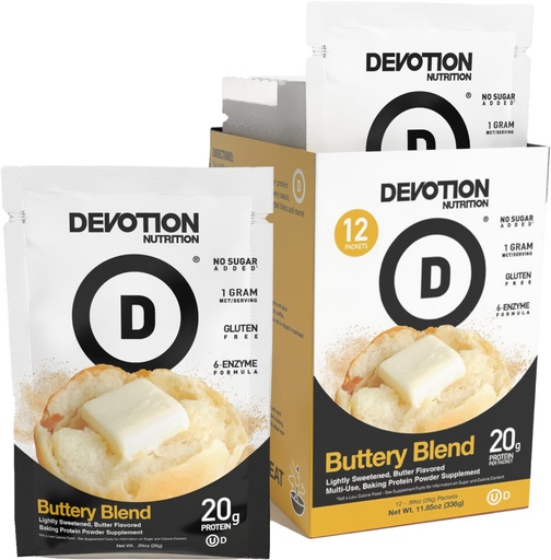 [BRSROZ35PJ6WMYAU] Devotion Nutrition Protein Powder Blend | Gluten Free, Keto Friendly, No Added Sugars | 1g MCT | 20g Whey & Micellar Protein | 12 Single Serving Packets (Buttery Blend)