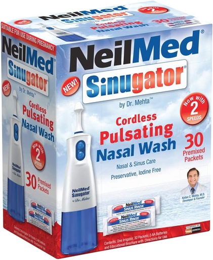 [BRSWIZY4BR7RUC3M] NeilMed Sinugator Cordless Pulsating Nasal Wash Kit with One Irrigator, 30 Premixed Packets and 3 AA Batteries(Pack of 1)