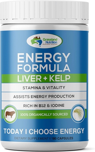 [BRSWGEATDEBRS2A3] GRASSLAND NUTRITION Grass Fed Beef Liver with Wild Harvested Kelp 100% Organically/Halalal Sourced 2-in-1 Energy Formula — Natural B12, Iodine, Iron &amp; Vitamina A (180 cápsulas)