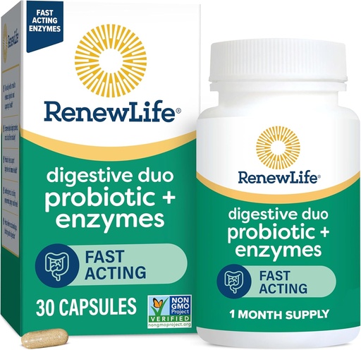 [BRSRMCYYAQFRAA3O] Renew Life Digestive Duo Probiotic и Enzymes Вегетариански капсули, Probiotic насърчава храносмилането здраве, бързо действащи ензими Помощно храносмилане, с успокояващи билки - 30 граф