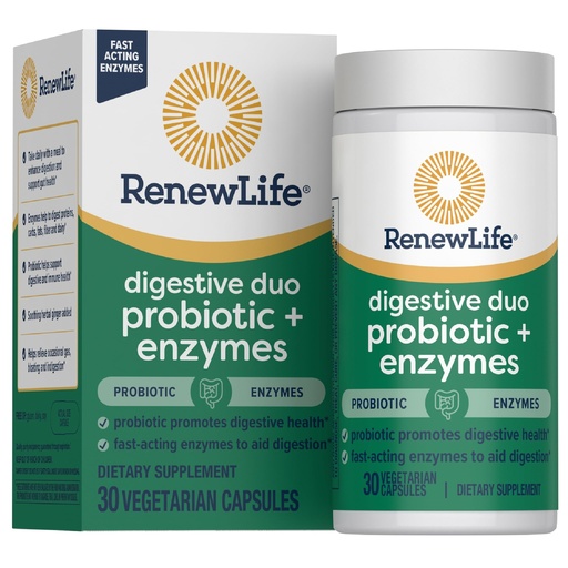 [BRSRMCYYAQFRAA3O] Renew Life Digestive Duo Probiotic and Enzymes Vegetarian Capsules, Probiotic Promotes Digestive Health, Fast-Acting Enzymes Aid Digestion, With Soothing Herbs - 30 Count