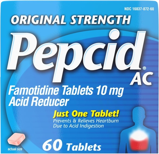 [BRSWYCQDAQCREHYU] Pepcid AC Original Strength Heartburn Relief Tablets, Prevents & Relieves Heartburn Due to Acid Indigestion & Sour Stomach, 10 mg Famotidine to Reduce & Control Acid, Fast-Acting, 60 Ct