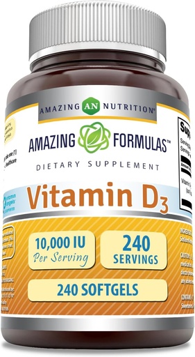 [BRSWIBAAO4EB6ELM] Amazing valemid Vitamiin D3 (kolekaltsiferool) täiendus | 10000 IU | 240 Softgels | Non-GMO | Gluteenivaba | Valmistatud USAs