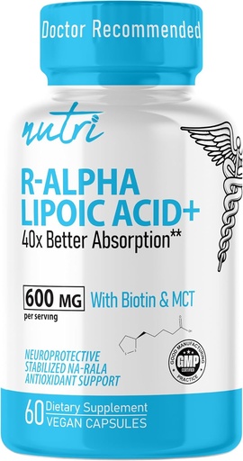 [BRSROEILCUOQGCTB] Nutri R Alpha Lipoic Acid 600mg Κάψουλες - R Lipoic Acid Stabilized with Biotin - Active Form of R- ALA - 600 mg Κλινική Δοσολογία - Ισχυρή Κυτταρική Ενέργεια Υποστήριξη - 60 Vegan Κάψουλες - RALA