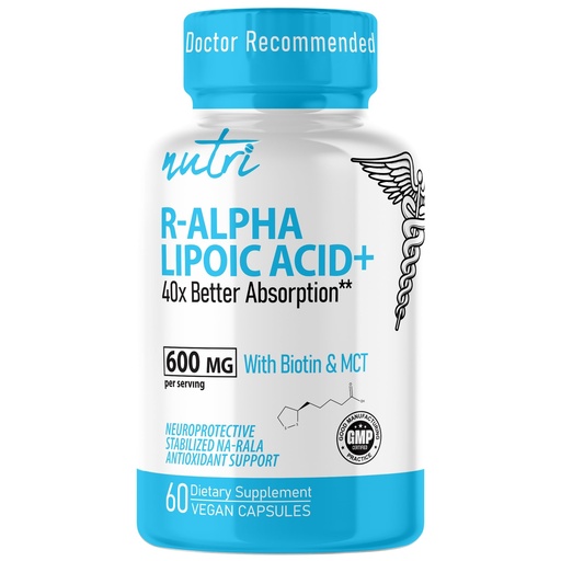 [BRSROEILCUOQGCTB] Nutri R Alpha Lipoic Acid 600mg Capsules - R Lipoic Acid Stabilized with Biotin - Active Form of R-ALA - 600 mg Clinical Dosage - Powerful Cellular Energy Support - 60 Vegan Capsules - RALA