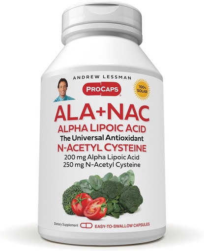 [BRSWI2QLCUPQ4FTG] ANDREW LESSMAN ALA + NAC Alpha Lipoic Acid N- Acetyl- Cystein 60 kapszula - Ultra- High Potency, Anti- Oxidant támogatás az idegrendszer, szív, agy, máj, vese, tüdő, energia. Nincs adalék