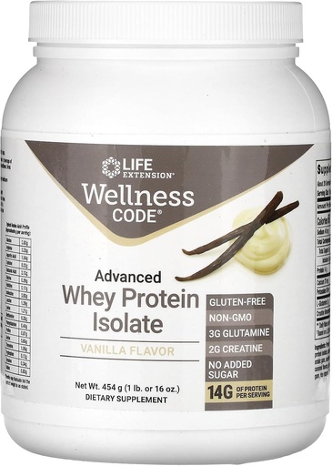 [BRSWGGLYCAJQMAIZ] Life Extension Wellness Code® Advanced Whey Protein Isolate (Vanilla), creatina, glutamina, Mix for Muscle Growth & Immune Health, sen Sugar added, Gluten Free, Non-GMO, 454 Grams, 20 Servizos