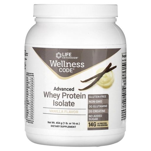 [BRSWGGLYCAJQMAIZ] Life Extension Wellness Code® Advanced Whey Protein Isolate (Vanilla), creatine, glutamine, Mix for Muscle Growth & Immune Health, no Sugar Added, Gluten Free, Non-GMO, 454 Grams, 20 Servings
