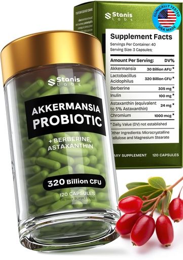[BRSRAGIRAQCQIDLK] Akkermansia Muciniphila Probiotics 320 Billion CFU| Probiotic and Prebiotic | Akkermansia Probiotics for gut health | Inulin Prebiotic Fiber Capsules Astaxanthin & Berberine & Chromium | 120 capsules