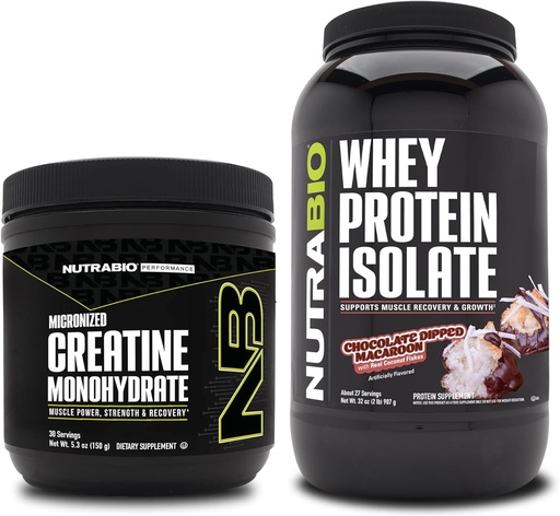 [BRSRAZ34BN5QO3LZ] NutraBio Creatine Monohydrate, Unflavored, 150g and Whey Protein Isolate, Chocolate Dipped Macaroon, Supplement Bundle - Muscle Energy, Lean Muscle Growth, Recovery, and Strength