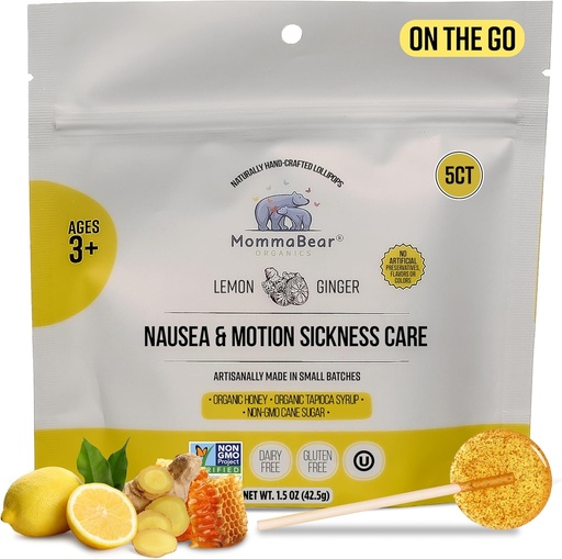 [BRSRAZYDO56AYD3U] MommaBear Nausea & Motion Sickness Lollipops – Non-GMO Lemon & Ginger Candy für Nausea – Bio Lollipops für Kinder 3+ & Schwangere Frauen, um Queasiness zu lindern – Kids Travel Essentials (5 Pack)