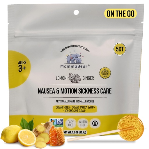 [BRSRAZYDO56AYD3U] MommaBear Nausea & Motion Sickness with Real Honey & Ginger – (5 Pack) | Natural Motion Sickness Candy for Kids & Adults - Pregnancy Morning Sickness Support - Sealed for Freshness