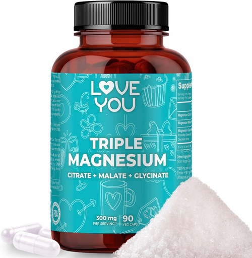 [BRSRAGIQOVYRUG3A] Love You Triple Magnesium Complex - 300mg zerbitzatu bakoitzeko, Magnesium Glycinate Premium, Citrate & Malate - Altua Absorption for Muscle, Nerve & Sleep Support, 90 Veggie kapsulak - Estatu Batuetan egina
