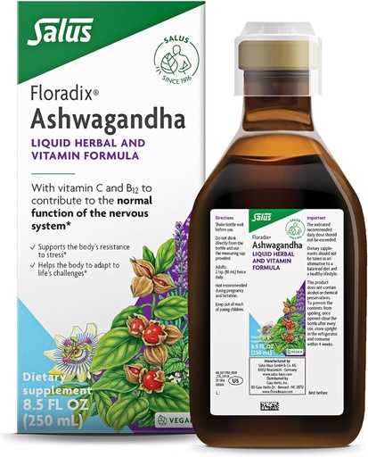 [BRSRMAD6OAMGKCLA] Floradix Ashwagandha Liquid Herbal & Vitamina Fórmula - Suplemento herbal con Ashwagandha Extracto, Vitamina C, B12 &amp; Más - para soporte de estrés - Gentle to Digest - Vegan < Non-GMO - 8,5 fl oz