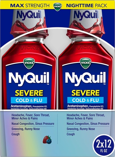 [BRSWIFYYAJ5GCALI] Vicks NyQuil SEVERE Cold, Flu, and Congestion Medicine, 2x12 fl oz Twin Pack, Berry Flavor, Máxima Força, Alívio noturno