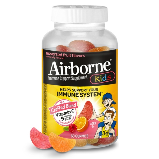 [BRSWGAAKBUIGO3LP] Airborne 500mg Vitamin C + Zinc Immune Support Supplement Gummies for Kids, Assorted Fruit Flavor, Gluten Free Crafted Blend with Powerful Antioxidants Vitamins C & E, 63 Gummies