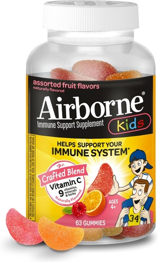 [BRSWGAAKBUIGO3LP] Airborne Vitamin C 500mg (per portion) - Assorted Fruit Flavored Kids Gummies (63 greve i en flaska), Gluten-Free Immune Support Supplement med vitamin C E, Selenium