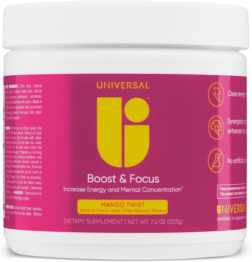 [BRSROCDYBEMAAFYZ] Universell U Boost & Focus pulver, Øk energi og kognitiv ytelse, Pre Workout, Tilpasset dosering, VIT B12, Niacin, Choline, L-tyrosin, Ingen kunstige Flavors, 30 Services (Mango Twist)