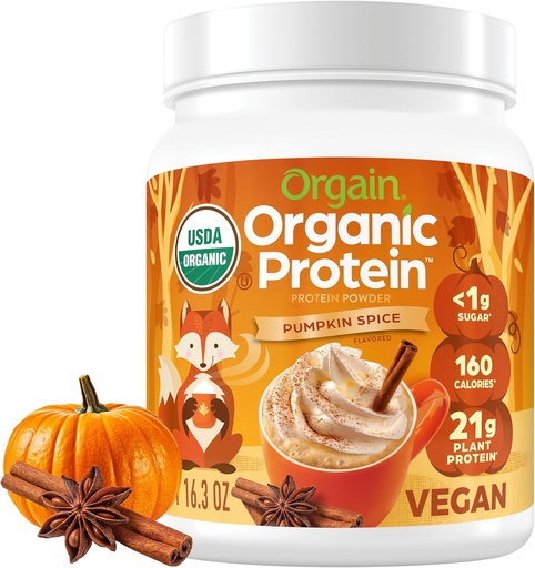 [BRSWGZQRBMBQMFYZ] Orgain Organic Vegan Protein Powder, Pumpkin Spice Seasonal Flavor - 21g di Plant Protein, 5g Prebiotic Fiber, Nessun Lattosio Ingredienti, Non Aggiunto Zucchero, Non OGM, Per Shakes & Smoothies, 1.02 lb