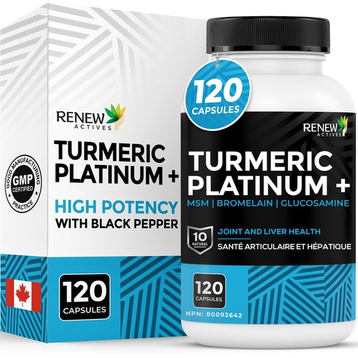 [BRSWEBLQA4BA23T4] Renew Actives Turmeric Platinum 1350MG per 3 Capsules with Black Pepper & Ginger – Antioxidant, Liver & Digestive Support – Reduces Inflammation & Boosts Immunity – Made in Canada – 120 Capsules