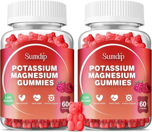 [BRSROZAYBAFR4ALL] Magnesium Potassium Gummies, Muscle & Heart Health, Leg Cramps and Sleep, Potassium Supplements Vegan Gummy Non-GMO Gluten Free 60 Gummies-2 Pack, Raspberry