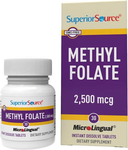 [BRSRMHYCDIBAOE33] Superior Source Metyl Folate 2.500 mcg - Folate Supplement for kvinner og menn - Metylert Folate Supplement støtter sunne nervesystemet og røde blodceller - 30 sublingual oppløsning tabletter