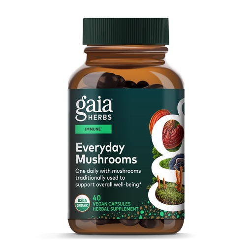 [BRSWYCDQB55BA2T7] Gaia Herbs Everyday Mushrooms - Immune Support Mushroom Supplement for Daily Health Support* - with Reishi, Cordyceps, Turkey Tail, Shiitake & Chaga Mushrooms - 40 Vegan Capsules (40 Servings)