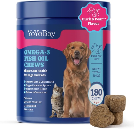 [BRSRAEAFCAFBEDQ6] Fish Oil Chews for Dogs & Cats, Omega 3 Fish Oil for Dogs - Rich in Omega 3, 6, and 9 with Flaxseed Oil, EPA & DHA - 180 Soft Chews, Duck & Pear Flavor - Anti-Inflammation, Skin & Coat Health