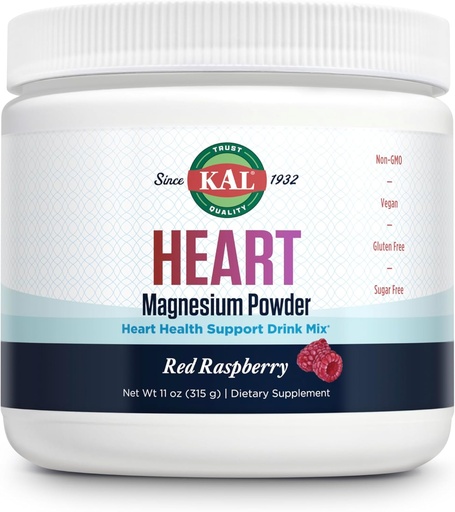 [BRSRAZ35CACWGDY6] KAL Heart Magnesium Powder, Red Raspberry Flavor, Heart Health Support, Magnesium Drink Mix, Magnesium supplement, Sugar Free, 70 Servings, 11 OZ