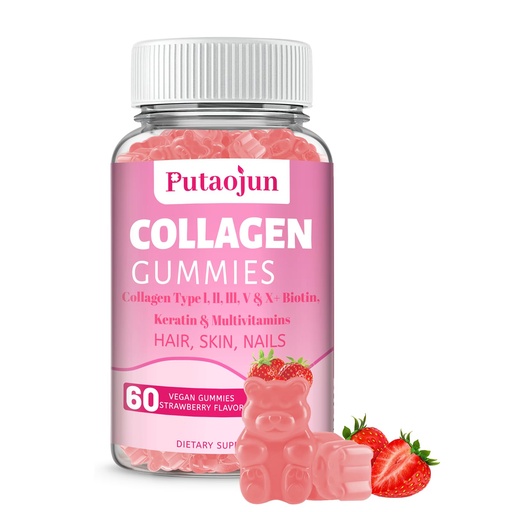 [BRSROCQNAEFWKADP] Collagen Gummies | Hair, Skin & Nails Gummies with Biotin Vitamin C, E, & Zinc | Strawberry Flavored | Collagen for Women | Strawberry Flavored | 60 Count
