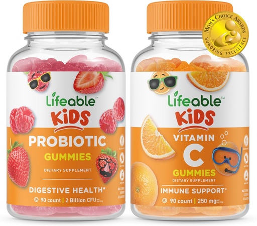 Probiótico Lifeable 2 billón de niños CFU + Vitamina C Niños, Gummies Bundle - Gran Tasting, Suplemento de vitamina, Gluten Gratis, GMO Gratis, Chewable Gummy