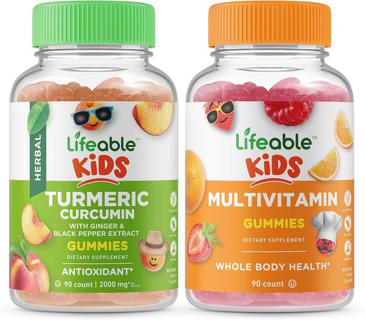 [BRSW2H36A4BA4ALJ] Gyvybingas Turmerinis Curcumin Kids + Multivitaminas vaikams, Gummies Bundle - Didysis degustacija, Vitaminas priedas, Gluten Free, GMO nemokamai, Chewable Gummy