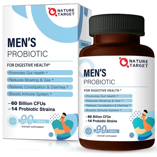 [BRSWYZQBAQBAACTJ] NATURE TARGET Probiotics for Men with Men Care Supplement, Prebiotics & Probiotic for Men's Digestive and Immune Health,60 Billion CFUs & 14 Strains Shelf Stable, Gluten & Soy Free (90 Tablets)