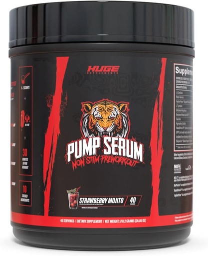 [BRSW2FI7CAIGYG32] Huge Supplements Pump Serum, Stim Free Pre Workout and Nitric Oxide Booster to Enhance Focus, Pumps, Fulness with No Caffeine, L-Citrulline, GlycerPump, L-Tyrosine, Nitrosigine (Strawberry Mojito)