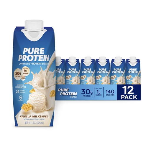 [BRSWGCATAAGQ4CTZ] Proteine pure Vanilla Proteina Shake, 30g Proteine complete, Vitamine A, C, D, și E plus Zinc pentru a sprijini Imuna de sănătate, gata de a bea și Keto-Friendly, 11 oz sticle, 12 ambalaj