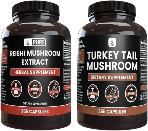 [BRSROGDQDMIBOE3Z] PURE ORIGINAL INGREDIENTI Reishi Mushroom & Turkey Tail Mushroom Capsule Bundle (365 Capsule), Sempre Pure, Senza Additivi o Filler