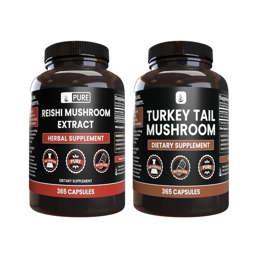 [BRSROGDQDMIBOE3Z] PURE ORIGINAL INGREDIENTS Reishi Mushroom & Turkey Tail Mushroom Capsule Bundle (365 Capsules), Always Pure, No Additives or Fillers