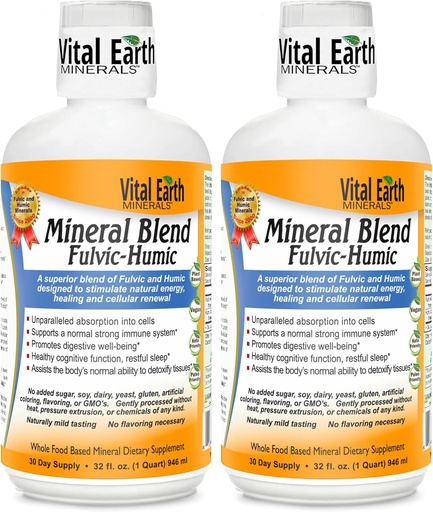 [BRSWIE3YBYDQYHTY] Vital Earth Minerals Fulvic Humic Mineral Blend Liquid 2-Pack – Fulvic Acid Supplement with 70+ Trace Minerals, Electrolytes for Recovery, Balance & Energy, 32 Oz Ea + 1 Oz Cup Ea