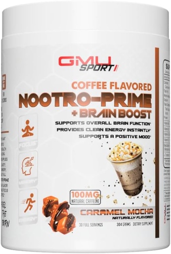 [BRSROAD7CV5ROHLK] MMU SPORT Nootro-Prime Brain Boost - Focus Brain Supplement - Mushroom Supplement pulver med Alpha GPC, Nootropic Brain Supplements for minne og fokus med Lions Mane, 30 Services, Caramel Mocha